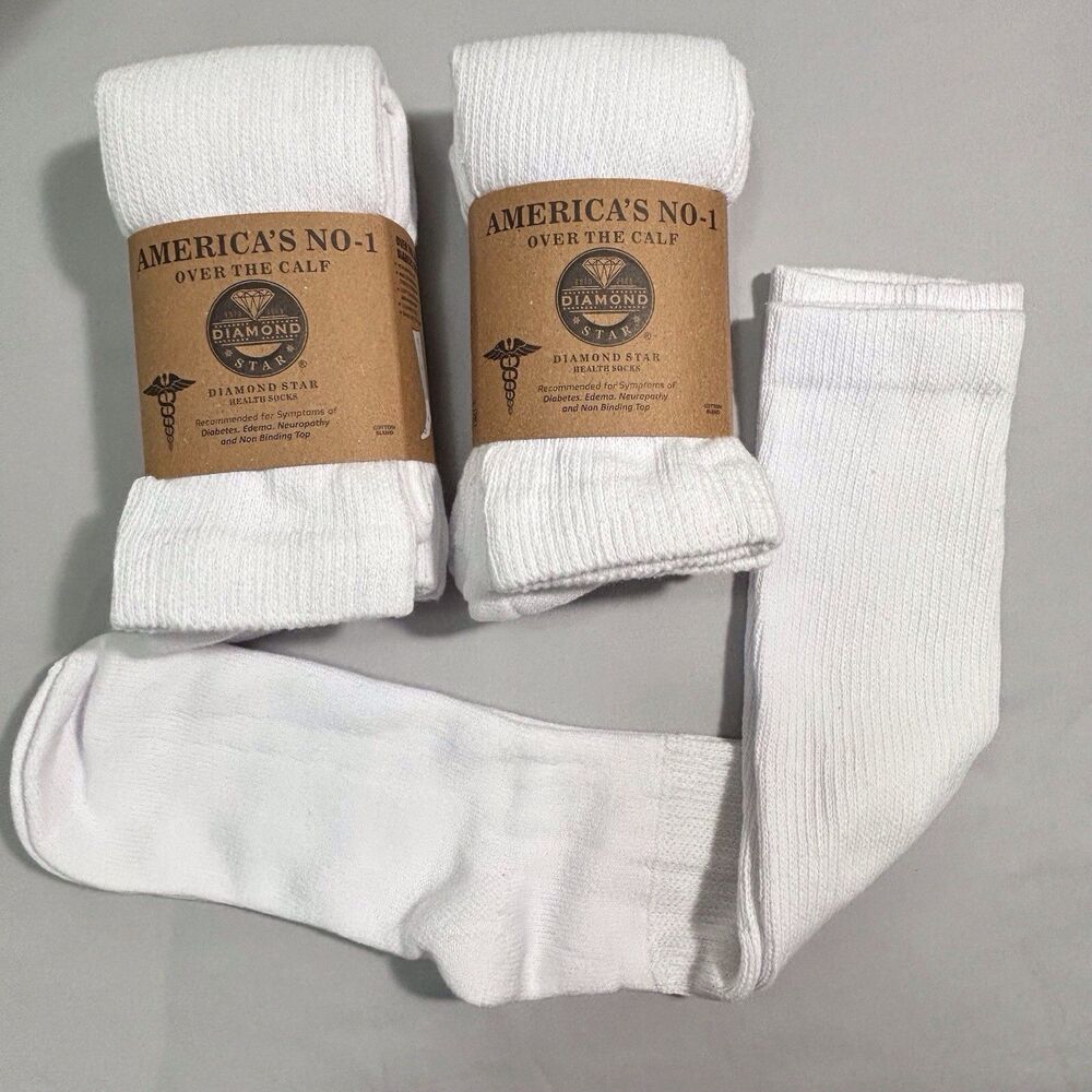 NEW Diamond Star Diabetic Over the Calf Socks 5 Pairs Mens 10-13 White OTC